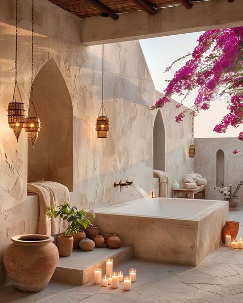 Solarpunk House, Marrakech Interior, Outdoor Bathtub, Stone Bathroom, Spa Decor, Beach House Design, Boho House, Spanish House, Mediterranean Homes