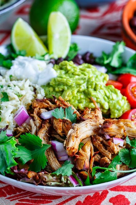 Chicken Carnitas Burrito Bowl with Cilantro Lime Cauliflower Rice | Closet Cooking Carnitas Burrito Bowl, Chicken Carnitas, Carnitas Burrito, Lime Cauliflower Rice, Cilantro Lime Cauliflower Rice, Cauliflower Rice Recipes, Burrito Bowl, Cilantro Lime, Cauliflower Rice