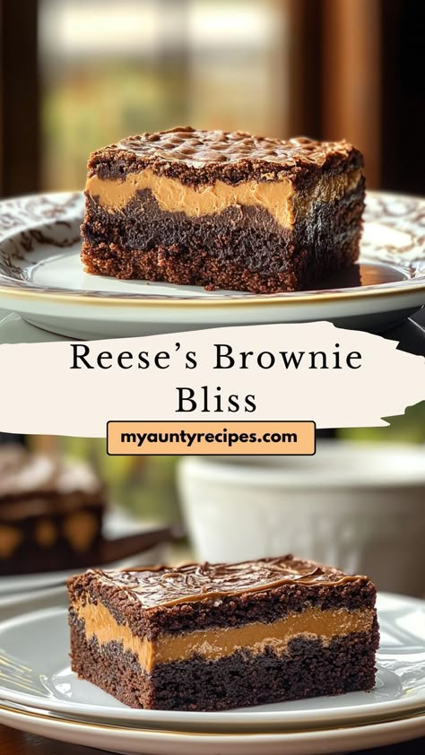 Dive into layers of chocolate and peanut butter with this Reese’s Brownie Bliss! Fudgy, rich, and packed with Reese’s flavor, these brownies are a decadent dessert for all peanut butter fans. Peanut And Chocolate Desserts, Reese’s Pb Cup Dessert, Reese Cup Brownies, Reese’s Brownies, Reese Brownies, Friendsgiving Dessert Recipes, Reeses Dessert, Reeses Desserts, Layered Brownies