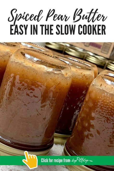 With the warm flavors of fall spices, this Slow Cooker Spiced Pear Butter is a perfect treat for homemade biscuits or a simple piece of toast. Lighted up with sugar alternatives, and essential oils to bring about more flavor. I use wild pears from a tree in my papa's back yard, but grocery store pears would work as well. #applebutter #fallfruitrecipes #pearrecipes #whattodwithpears #fruitspread Canning Muscadines, Canned Spiced Pears, Bourbon Pears Canning, What To Do With Pears From Tree, Asian Pear Butter Recipe, Wild Pear Recipes, Asian Pear Butter, Slow Cooker Pear Butter, Pear Sauce Recipe Canning