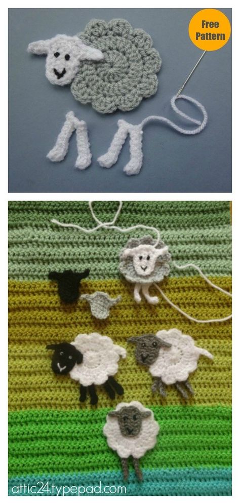 Sheep Appliqué Free Crochet Pattern #freecrochetpattern #crochetpattern #appliquepattern Crochet Sheep Applique Free Pattern, Knit Appliques Free Pattern, Crochet Applique Patterns Free Animal, Crochet Animal Applique, Crochet Sheep Free Pattern, Free Crochet Applique, Easter Knitting Patterns, Sheep Applique, Rabbit Applique