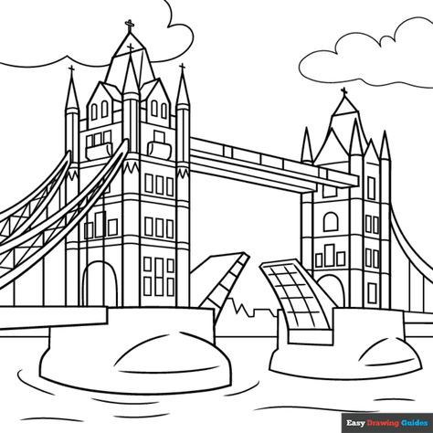 Free London Tower Bridge Coloring Page for Kids Tower Bridge London Drawing, London Bridge Drawing, Landscape Drawing Easy, Bridge Drawing, London Drawing, London Tower Bridge, Easy Drawing Guides, Free Printable Coloring Sheets, London Tower