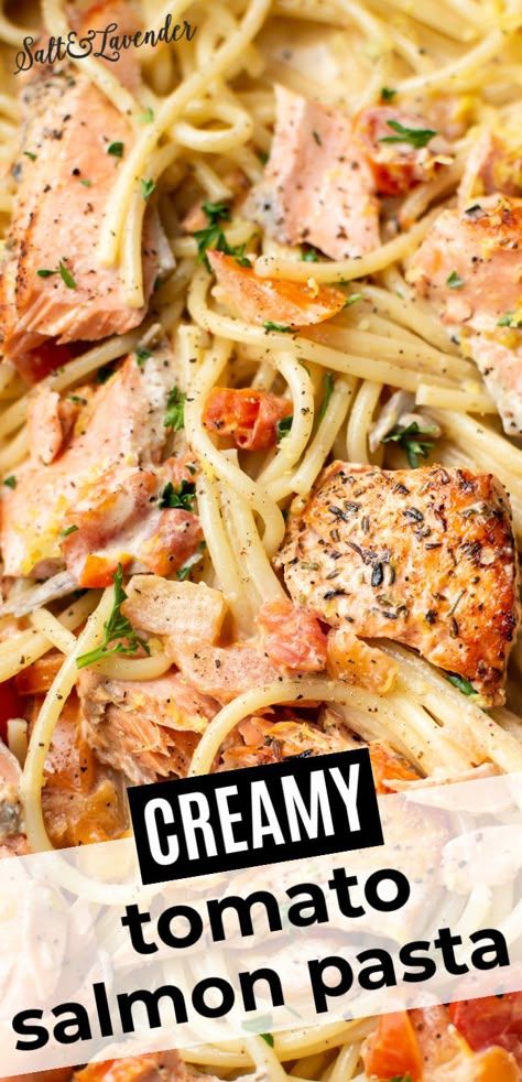 Spaghetti With Salmon Recipe, Salmon Linguine Recipes, Pasta Recipes Salmon, Tomato Salmon Pasta, Lemon Salmon Pasta, Salmon Pasta Recipe, Salmon Spaghetti, Creamy Salmon Pasta, Salmon Pasta Recipes