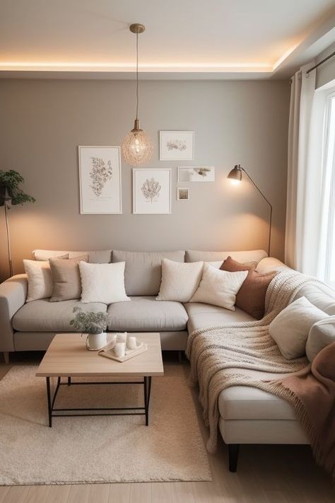 Storage In Living Room Ideas, Apartment Decorating Living Room Boho, Cottage Living Room Colors, Warm Aesthetic Living Room, Cosy Living Room Ideas Uk, Neutral Pink Living Room, Light Grey Walls Living Room, Living Rooms Interiors, Corner Sofa Living Room