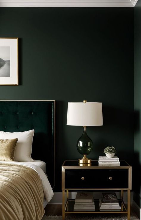 Dark Green Accent Chair, Dark Green Bedroom, Gold Pendant Lights, Green Accent Chair, Mood Board Interior, Bedroom Aesthetics, Black Nightstand, Bedroom Ambiance, Gold Pendant Lighting