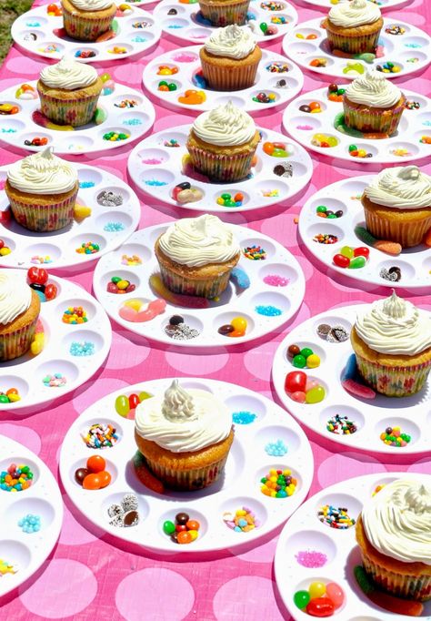 Decorate your own cupcake! Paint trays, sprinkles, and candy make birthday parties so much fun! The kids LOVED it! Lots of fun! Decorate Cupcakes For Kids Party Ideas, Kids Cupcake Decorating Party, Decorate Your Cupcake Party, Activities For Kids Party, Decorate Your Own Cupcake Party, Decorate Your Own Cupcake, Paint Party Cupcakes Art Birthday, Decorate Own Cupcake Party Kids, Art Theme Cupcakes Paint Party