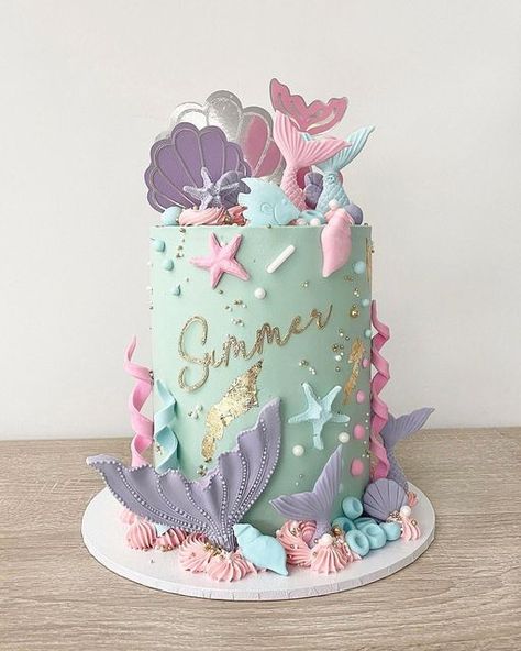 Mermaid Theme Cake Design, Chocolate Mermaid Cake, Birthday Cake Mermaid Theme, Mirmade Cake, Buttercream Mermaid Cake, Mermade Cake, Cake Designs Birthday Kids Girl, Mermaid Cake Buttercream, Rainbow Mermaid Cake