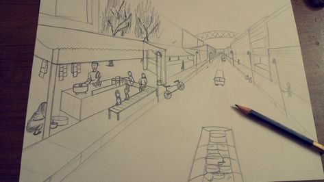 Perspective drawing of tea stall Tea Stall Sketch, Stall Drawing, One Perspective Drawing, Tea Stall, Perspective Sketch, Drawings Sketches Pencil, One Point Perspective, Texture Drawing, Traditional Market