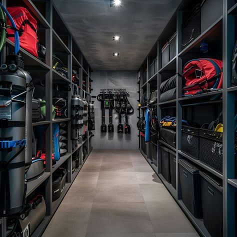 Modern outdoor equipment storage room featuring dark blue and gray themes with black shelves packed with neatly arranged sports gear. Highlights include backpacks, skis, snowboards, climbing rocks, and technical gear in vivid colors. The space, lit by LED lights, showcases gray walls, dark gray tiles, and is depicted in a highly detailed, realistic style suitable for a sports enthusiast. Sports Gear Storage Garage, Sports Storage Room, Technical Room Ideas, Sports Storage Garage, Outdoor Equipment Storage, Hunting Storage Room, Gear Storage Room, Sports Equipment Storage Ideas, Gear Room Organization