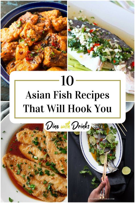 Collage of 4 asian fish recipes. Bronzino Fish Recipe, Fish Recipe Filipino, Thai Fish Recipe, Chinese Fish Recipe, Pan Fried Fish Recipes, Thai Dinner Recipes, Whole Fish Recipes, Flounder Recipes, Asian Fish