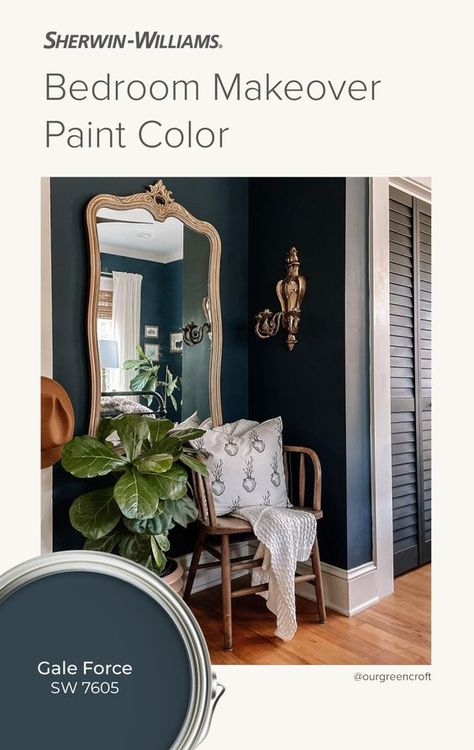 The moody, dark blue of Sherwin-Williams Gale Force SW 7605 will wrap you in its cool, saturated embrace. Pair this color with a warm taupe to soften its power or with a cool white hue to help it stand out. Tap this pin to order FREE color chips and try this look in your space. (Photo courtesy: @ourgreencroft on Instagram.) #SWColorLove #SherwinWilliams #DIY #InteriorDesign #Color #Inspiration #Paint #Decor #HomeImprovement #HomeDecor #BluePaint #BlueColor Sherwin Williams Gale Force, Interior Trees, Bedroom Paint Color Inspiration, Bohemian Bungalow, Witchy Cottage, Paint Decor, Cottage Vibes, Paint Inspo, Dream Master