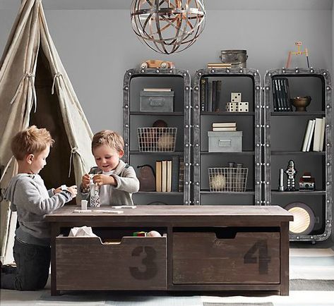 Vintage Industrial Kid's Playroom Area from RH-Inspiration for my industrial inspired, neutral kid's homework area for the One Room Challenge #PostboxDesigns Black Playroom, Kids Homework Area, Pantone Azul, Kids Playrooms, Restoration Hardware Baby, Kids Homework, Vintage Industrial Furniture, Kids Room Inspiration, Industrial Storage