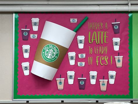 Starbucks Themed Bulletin Board, Coffee Door Decorations Classroom, Coffee Bulletin Board Classroom, Coffee Cup Bulletin Board, Coffee Theme Bulletin Board, Coffee House Theme Party, Starbucks Bulletin Board Ideas, Latte Bulletin Board Ideas, Starbucks Bulletin Board