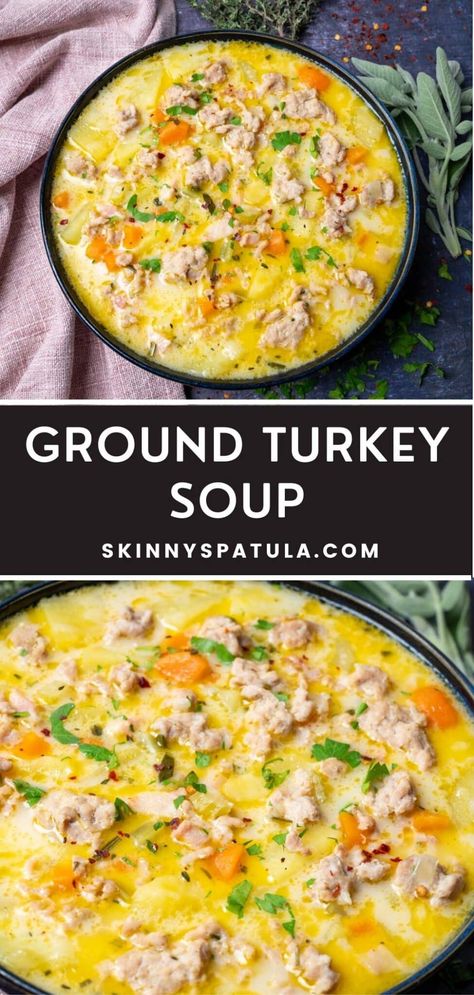 Ground Turkey Soup – Skinny Spatula Easy Soup With Ground Turkey, Ground Turkey Squash Soup, Healthy Soup Recipes Ground Turkey, Healthy Flavorful Soups, Ground Turkey Sweet Potato Soup, Ground Turkey Recipes In Crockpot, Turkey Cheeseburger Soup, Ground Turkey Soup Recipes For Dinner, Soup With Turkey Sausage