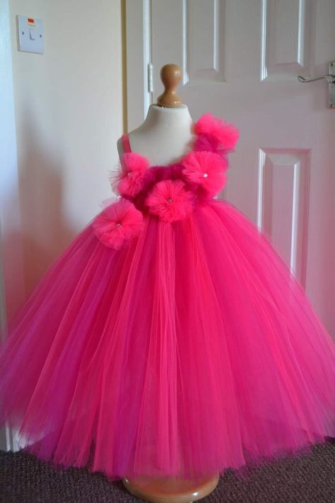 Pink Flower Full Length Tutu Dress Tutu Dress Dress Flower | Etsy 1st Birthday Gift Ideas, Hot Pink Style, Baby 1st Birthday Gift, 1st Birthday Dresses, Pink Tutu Dress, Mode Rose, Fancy Dress Party, African Dresses For Kids, Princess Flower