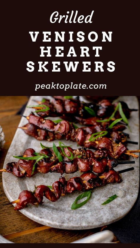 Grilled Venison Heart Skewers Deer Heart Recipe, Grilled Venison, Deer Steak, Asian Marinade, Elk Recipes, Deer Heart, Deer Recipes, Venison Steak, Deer Meat Recipes