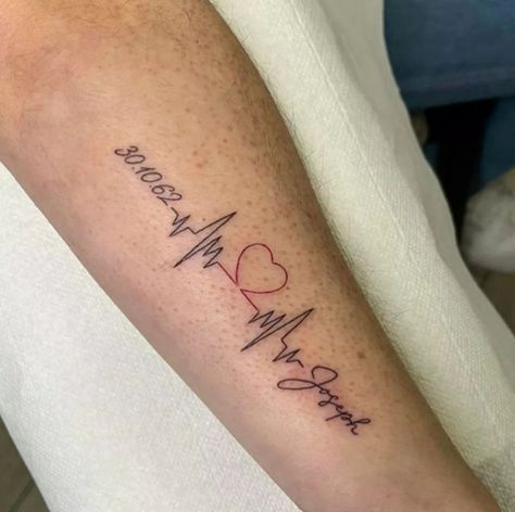 Heartbeat Tattoo With Name And Date Heartbeat Tattoo With Name Kids, Tattoo Ideas Female Heartbeat, Heartbeat With Date Tattoo, Final Heartbeat Tattoo, Heartbeat Name Tattoo Ideas, Heart Rate Tattoo With Name, Heartbeat Infinity Tattoo, Heartbeat With Name Tattoo, Heart Beat Name Tattoo Design