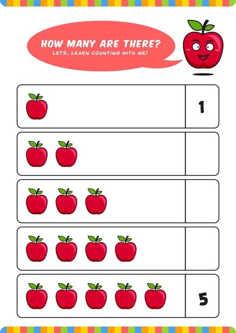 Child kids preschool counting learn worksheet activity vector template with cute apple illustration Apple Illustration, Preschool Counting, Counting Worksheets, Worksheets For Preschool, 1st Grade Worksheets, Preschool Printable, Vector Cartoon, Vector Template, Early Education