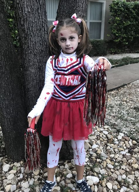 Cheerleader Zombie Makeup, Zombie Cheerleader Makeup For Kids, Zombie Cheerleader Costume For Kids, Halloween Cheerleader Makeup, Zombie Makeup Ideas For Kids, Kid Zombie Makeup, Dead Cheerleader Makeup, Maddy Costume, Zombie Makeup Kids