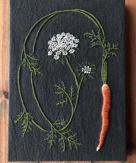 Embroidery On Dark Fabric, Embroidered Carrot, Vegetable Embroidery, Carrot Embroidery, Dark Embroidery, Clothes Embroidery Diy, Dark Fabric, Textile Crafts, Embroidery On Clothes