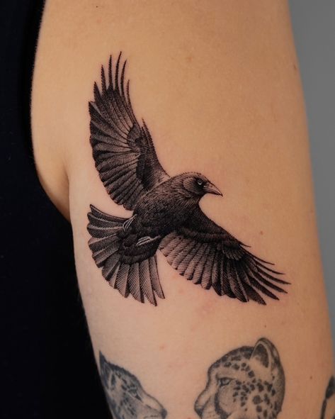 One crow for sorrow, two crows for mirth. Resident Artist: @z9_ttt #crowtattoo #birdtattoo #microtattoo #blackandgrey #3rl #blackwork #tattootour #seoulinktattoo Crow Fine Line Tattoo, Crow Tattoo Chest, The Crow Tattoo Movie, Wingspan Tattoo, American Traditional Crow, Black And Grey Bird Tattoo, Barred Owl Tattoo, Crow Tattoos For Women, Tattoo For Dad