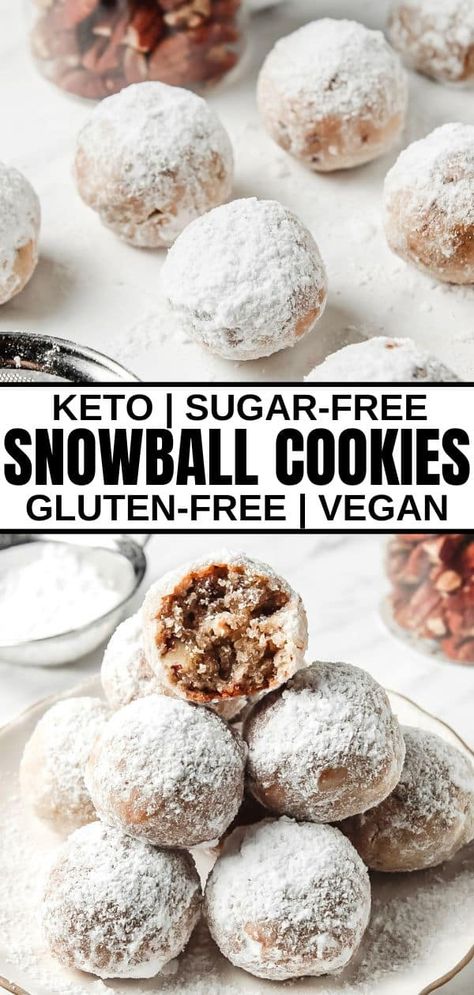 These Easy Keto Snowball Cookies are melt in your mouth delicious--the perfect low-carb remake of a Holiday cookie favorite. With a simple adjustment you can easily make Sugar-free Snowball Cookies too! These Snowball Cookies are also called Keto Mexican Tea Cookies, Keto Russian Tea Cookies, Keto Meltaway Cookies, Keto Mexican Wedding Cakes and more! You can even easily make them Vegan Snowball Cookies--any way you make them, they're Healthy Gluten-free Snowball Cookies for sure. Snowball Cookie, Dolce Poche Calorie, Sugar Free Desserts Easy, Pecan Snowball Cookies, Snowball Cookie Recipe, Keto Christmas Cookies, Keto Cookie Recipes, Cookie Platter, Desserts Keto