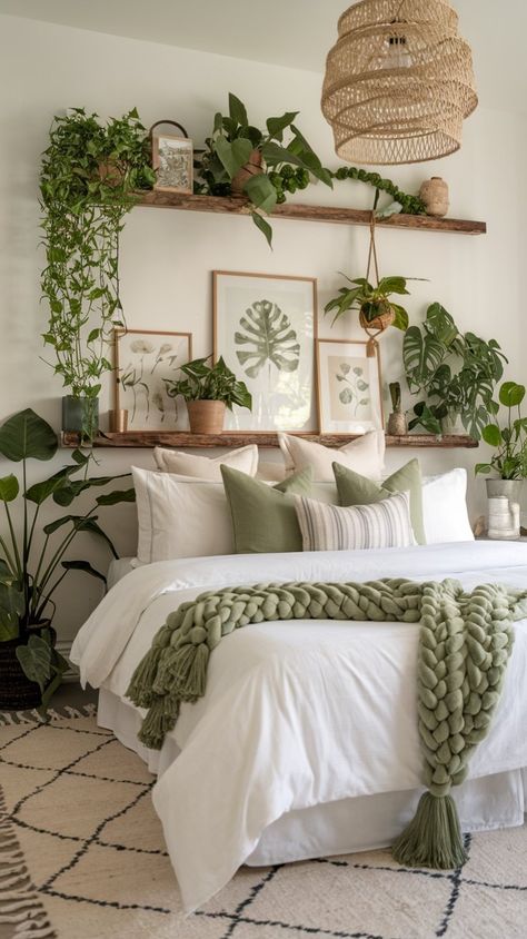 Transform your bedroom into a cozy retreat with these stunning decor ideas! From modern minimalist designs to bohemian vibes, find the perfect style for your space. Save this pin for your next bedroom makeover and create a relaxing sanctuary you’ll love! #bedroominspiration #cozybedroomideas #homedecor #bedroomdesign #relaxingspace" Forest Home Decor Ideas, Cozy Spa Bedroom, Biophilic Interior Design Bedroom, Planty Bedrooms Aesthetic, Boho Bedrooms For Adults, Green Bedroom With Plants, Green Inspired Bedroom, Bedroom Green Aesthetic, Boho Plant Bedroom