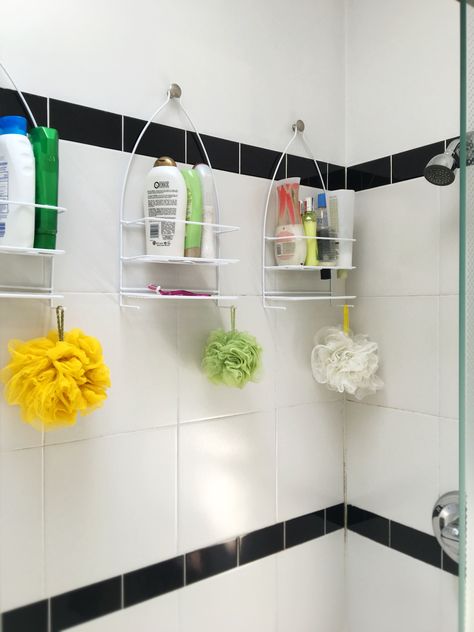 Shower Storage Solution Tiny Shower Organization, Tension Rod Shower Storage, Tub Shower Storage Ideas, Shower Hacks Storage, Old Shower Storage, Ideas For Shower Storage, Small Bathroom Shower Organization Ideas, Small Shower Storage Solutions, Shower Organizer Ideas Bathroom