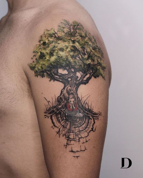 No photo description available. Generations Tattoo, Tree Ring Tattoo, Tree Tattoo Color, Tree Tattoo Men, Roots Tattoo, Lotr Tattoo, Forearm Tattoo Quotes, Colorful Tattoo, Trending Tattoos