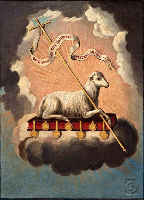 “Worthy are you to receive the scroll and to break open its seals, for you were slain and with your blood you purchased for God those from every tribe and tongue, people and nation. You made them a kingdom and priests for our God, and they will reign on earth.” Revelation 5:9-10 // Agnus Dei // 1806-1809 // José Campeche y Jordán // Instituto de Cultura Puertorriqueña Vintage Holy Cards, Agnus Dei, Lamb Of God, Catholic Images, Pictures Of Jesus Christ, Christian Symbols, The Good Shepherd, Biblical Art, Jesus Art