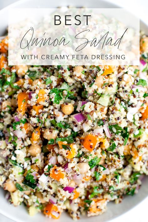 This simple Mediterranean-inspired quinoa salad with creamy feta dressing features protein-rich quinoa, convenient canned chickpeas, crisp cucumbers, bell pepper, red onion, and fresh parsley. Tossed in a creamy, 5-minute feta dressing, it makes a delicious and healthy lunch, dinner, or potluck-worthy side. #quinoa #healthy #saladrecipe #mediterranean #salad | modernminimalism.com Quinoa Salad Feta, Best Quinoa Salad, Healthy Lunch Dinner, Best Quinoa, Feta Dressing, Sandwich Healthy, Quinoa Recipes Healthy, Mediterranean Quinoa, Pepper Sandwich