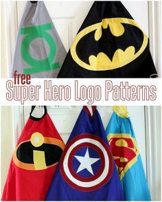 super hero cape logo patterns free for: Batman  Captain America  Green Lantern  Incredibles  Superman Superhero Cape Pattern, Super Hero Cape, Superhero Cape, Cape Pattern, Superhero Capes, Superhero Party, Superhero Birthday, Sewing For Kids, Super Hero