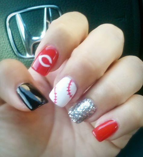 Cincinnati Reds inspired nails Cincinnati Reds Nails, Baseball Nail Designs, Baseball Nails, Nail Art Machine, Patriotic Nails, Sunset Nails, Nail Blue, Nail Room, Pretty Nail Designs