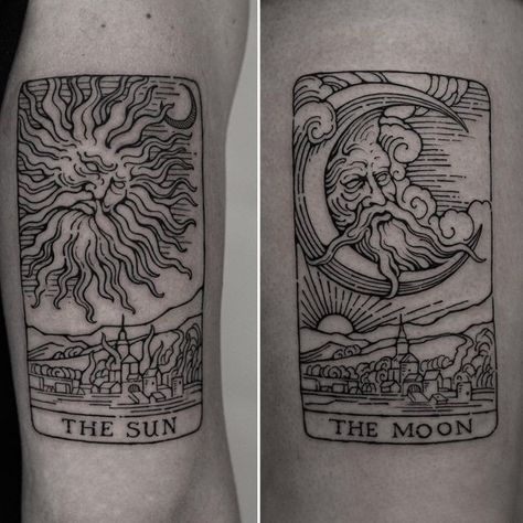 Engraving Tattoo Sleeve, Woodcut Tattoo, Engraving Tattoo, Tarot Tattoo, Tarot Card Tattoo, Tattoo Apprenticeship, Bestie Tattoo, Dinosaur Tattoos, Men Tattoos Arm Sleeve