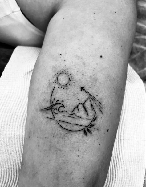 340+ Beach Tattoo Designs (2023) - TattoosBoyGirl Moon Wave Mountain Tattoo, Mountain Travel Tattoo, Tiny Adventure Tattoos, Mountain And Palm Tree Tattoo, Mountains And Beach Tattoo, Beach Mountain Tattoo, Mountain Beach Tattoo, New Tattoo Designs 2023, Wave Mountain Tattoo