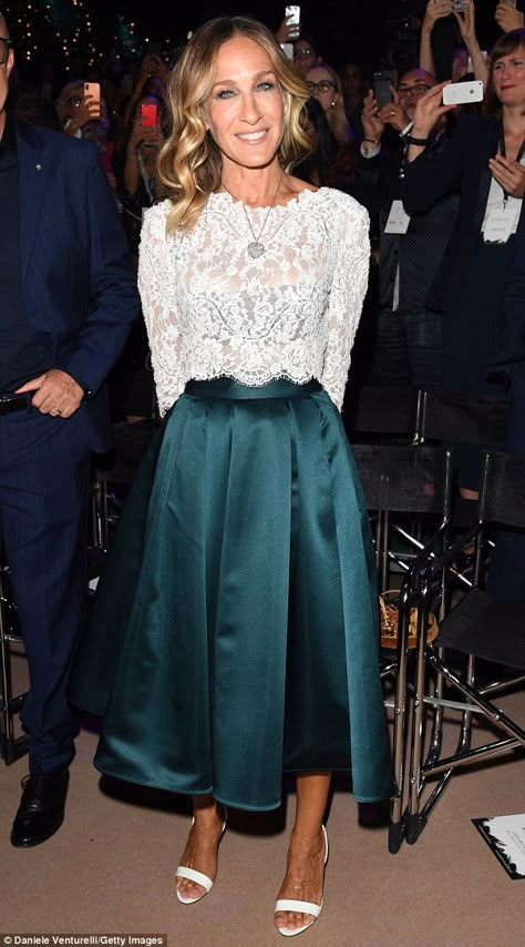 Different material: The actress, 53, looked stylish in her clashing two-piece dress which had a white lace bodice that flowed into a green silk midi skirt Green Midi Skirt Outfit, Lace Top Outfit White, Satin Skirt Outfit Classy, Skirt And Top Outfits, Green Satin Skirt, Green Skirt Outfits, Silk Skirt Outfit, Satin Skirt Outfit, Best Dressed Celebrities