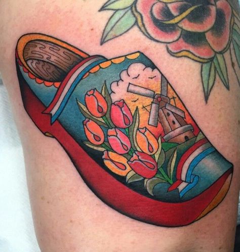 Dutch Clogs Tattoo, Clog Tattoo, Tattoo Design With Meaning, Windmill Tattoo, Dumbest Tattoos, Dutch Tattoo, Dutch Clogs, Shoe Tattoos, Tattoo Thoughts