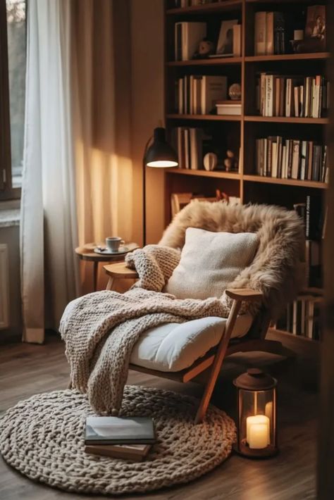 Lounge Chair Reading Nook, Reading Chair Design, Reading Nook Mid Century Modern, Hygge Reading Corner, Cosy Reading Area, Cozy Reading Area In Living Room, Books Corner Ideas, Reading Nook Shelves, Reading Nook Bean Bag