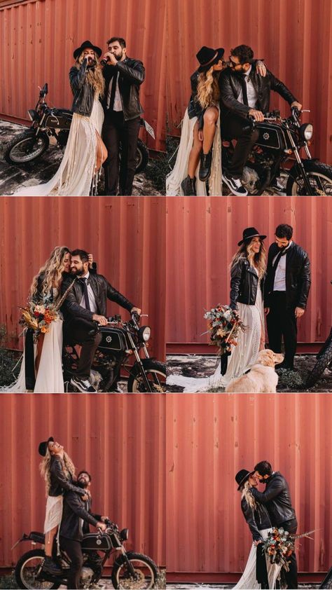 Motorcycle Wedding Outfits For Women, Biker Bride Outfit, Boho Biker Wedding, Rocker Couple Photoshoot, Boots In Wedding Dress, Edgy Wedding Dress Rockers, Motorcycle Prenup Ideas, Biker Wedding Photos, Wedding Valentines Day