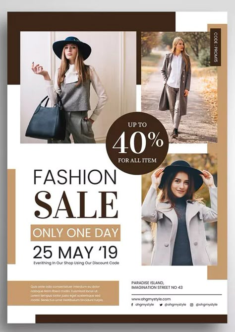 Business Female Fashion Promo Flyer Template PSD. Download Fashion Business Card Design, Promo Poster Design Ideas, Fashion Poster Design Advertising, Discount Flyer Design, Fashion Poster Design Graphics, Clothing Poster Design, Fashion Flyer Design, Promotion Quotes, Fashion Advertisement