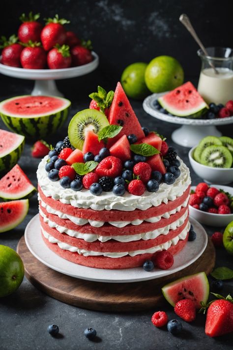 A photo of a  Watermelon Cake which is a type of watermelon desserts Watermelon Design Cake, Watermelon Cake Ideas, Watermelon Desserts, Watermelon Birthday Cake, Watermelon Cake Recipe, Watermelon Cakes, Watermelon Aesthetic, Watermelon Cake Birthday, Cake Watermelon