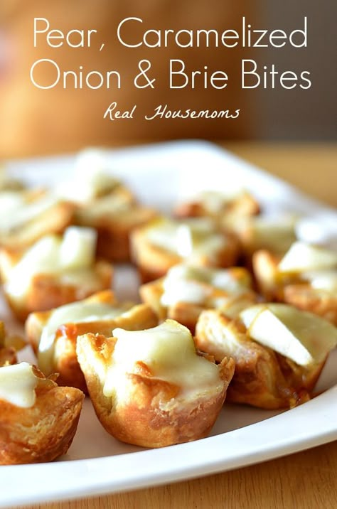 Pear, Caramelized Onion & Brie Bites | Real Housemoms | These are so good and they go fast! Savory Brie Bites, Pear And Brie Puff Pastry Tarts, Brie Tarts, Pear And Brie, Pear Brie, Pear Recipe, Savory Dessert, Caramelised Onion, Brie Bites