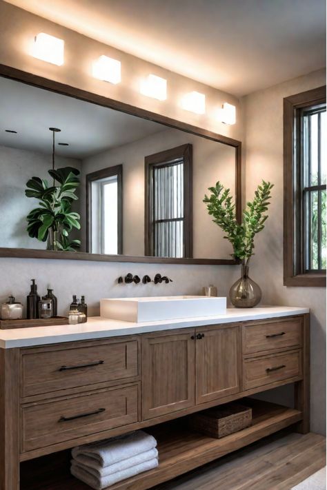 A person standing in a drab, outdated bathroom Long Bathroom Counter One Sink, Single Sink To Double Sink Bathroom, Bathroom With A Vanity, Wood Look Bathroom Vanity, Walnut Vanity Bathroom Ideas, Master Bath One Sink, Two Sink Vanity Ideas, Bathroom Sinks And Vanities, Bathroom Sink And Vanity