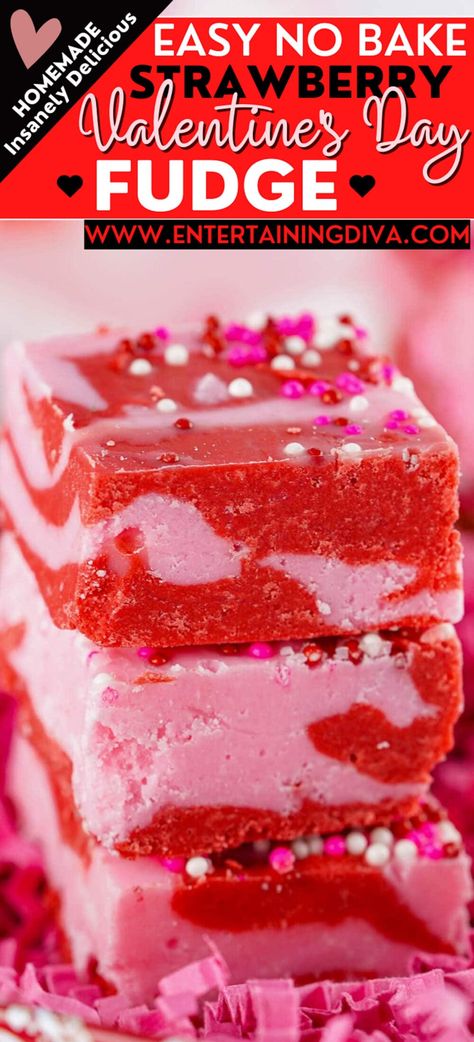 Valentine's Day Fudge is a fun and easy dessert that's the perfect way to celebrate the holiday. Made with frosting and candy melts, it's a super simple strawberry fudge for the lover's day! Strawberry Fudge Recipe, Strawberry Fudge, Valentines Party Food, Jello Shot, Fudge Recipes Easy, Fudge Easy, Baked Strawberries, Easy No Bake, Valentines Day Food