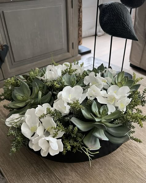 Large Bowl Flower Arrangements, Orchid And Succulent Arrangement, Centre Piece Ideas For Dining Table, Shallow Bowl Centerpiece Ideas, Decorative Bowls Centerpiece, Large Bowl Decor Ideas, Diy Fire Pit Patio, Backyard Ideas Cheap, Dining Table Flower Arrangements