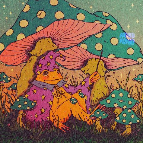 Aubii 🍄 on Instagram: “✨🍄 wizard frog 🍄✨ . just a sleepy little wizard frog saying goodnight to the sun ✨ . have a magical day- aubii 🍄✨” Wizard Frog, Psy Art, Indie Art, Frog Art, Mushroom Art, Hippie Art, Funky Art, Community Wall, Wall Photos