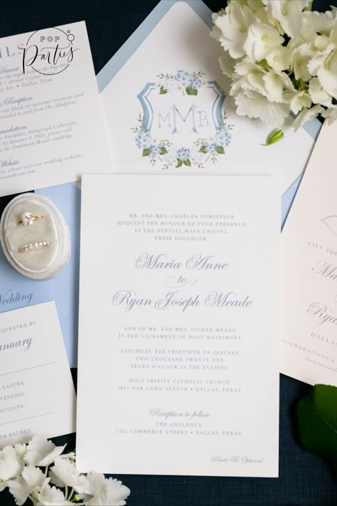 Blue And White Wedding Stationary, Ice Blue Wedding Invitations, Blue White And Gold Wedding Invitations, Blue White Wedding Invitation, Blue And White Wedding Crest, Hydrangea Wedding Invite, Wedding Invitations With Crest, Wedding Crest Invitation, White And Blue Wedding Invitations