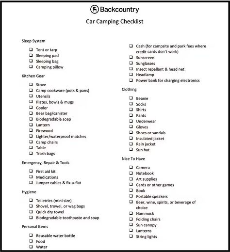 Camping Checklist | Backcountry.com Car Camping Checklist, Camping Necessities, Free Birthday Gifts, Outbound Marketing, Waterproof Matches, Camping Pillows, Camping Cookware, Car Camper, Camping Checklist