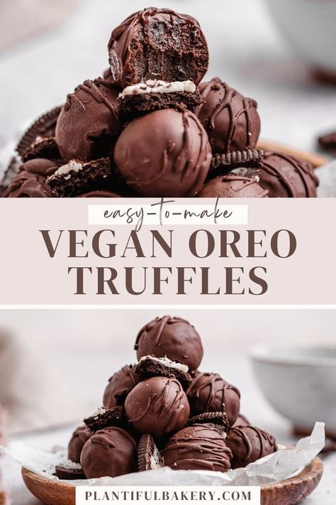 These Vegan Oreo Truffles are rich, fudgy, chocolaty, and so easy to make. Made with dark chocolate and crushed Oreos. This delicious no-bake treat is perfect for any occasion! Dairy-free. #easyoreotrufflesnobake #nobakeoreotrufflesrecipe #oreotruffleswithoutcreamcheese #oreotrufflesvalentinesday #veganoreotruffleballs #veganoreotrufflesrecipe #veganoreotrufflesnocreamcheese #veganoreoballsrecipe Vegan Oreo Truffles, Vegan Oreos, Oreo Truffles Recipe, Vegan Party Food, Allergen Free Recipes, Vegan Baking Recipes, Easy Vegan Dessert, Vegan Bakery, Oreo Truffles