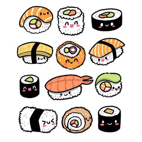 Cute Sushi Drawing, Cute Kawaii Drawings Doodles, Sushi Drawing, Japanese Food Illustration, Food Illustration Design, Planner Doodles, Mini Doodle, Cute Easy Doodles, Graphic Design Infographic